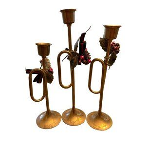 Set Of 3 Interpur Brass Bugle Candle Holders With Holiday Decorations